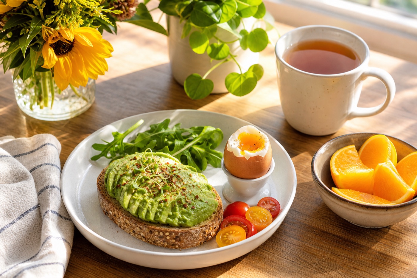 A sunny breakfast table with avocado toast, a boiled egg, orange slices and a mug of tea