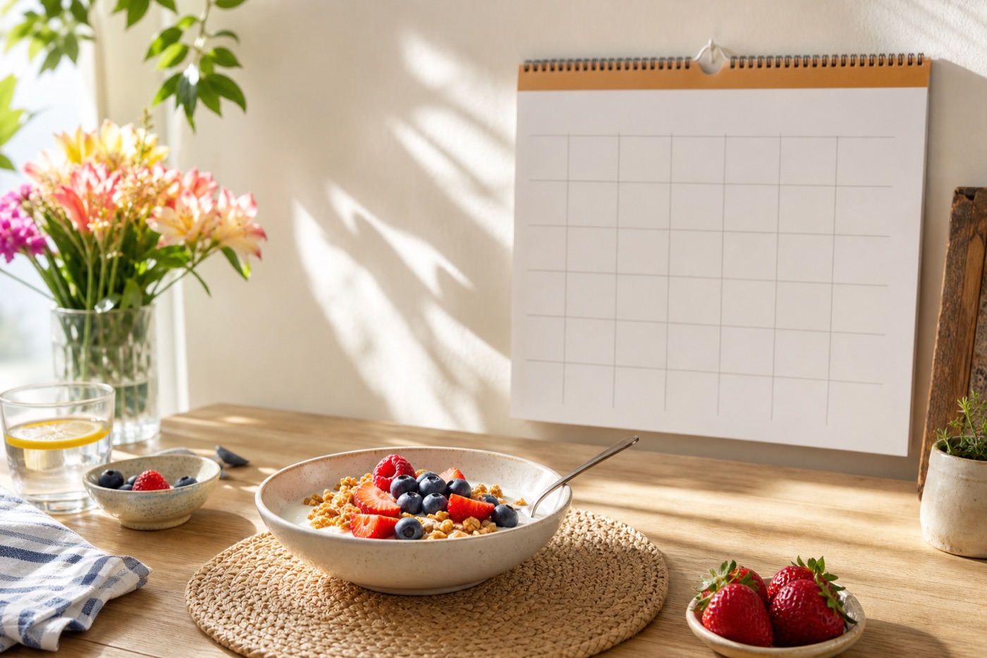 A wall calendar beside a breakfast of yogurt, berries and granola on a sunny table
