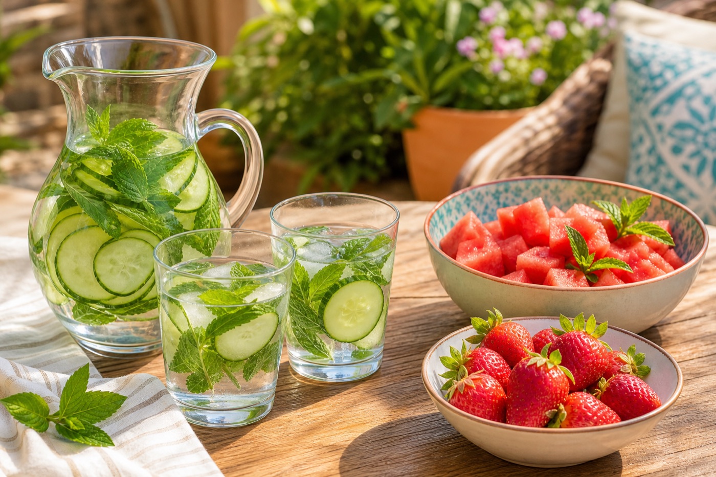A glass pitcher of water with sliced cucumber and mint beside two full glasses, a bowl of watermelon cubes and fresh strawberries on a sunny patio table