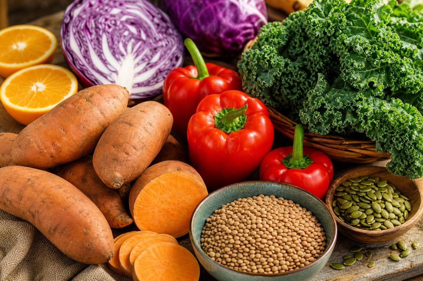 A colorful market-style spread of orange sweet potatoes, red bell peppers, dark leafy kale, purple cabbage, halved oranges, a bowl of lentils and a handful of pumpkin seeds