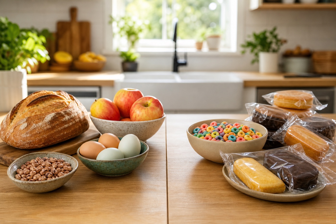 A kitchen counter split into two sides: one with a fresh loaf of crusty bread, dried beans, eggs and apples, the other with unlabeled plastic-wrapped snack cakes and a bowl of brightly colored cereal