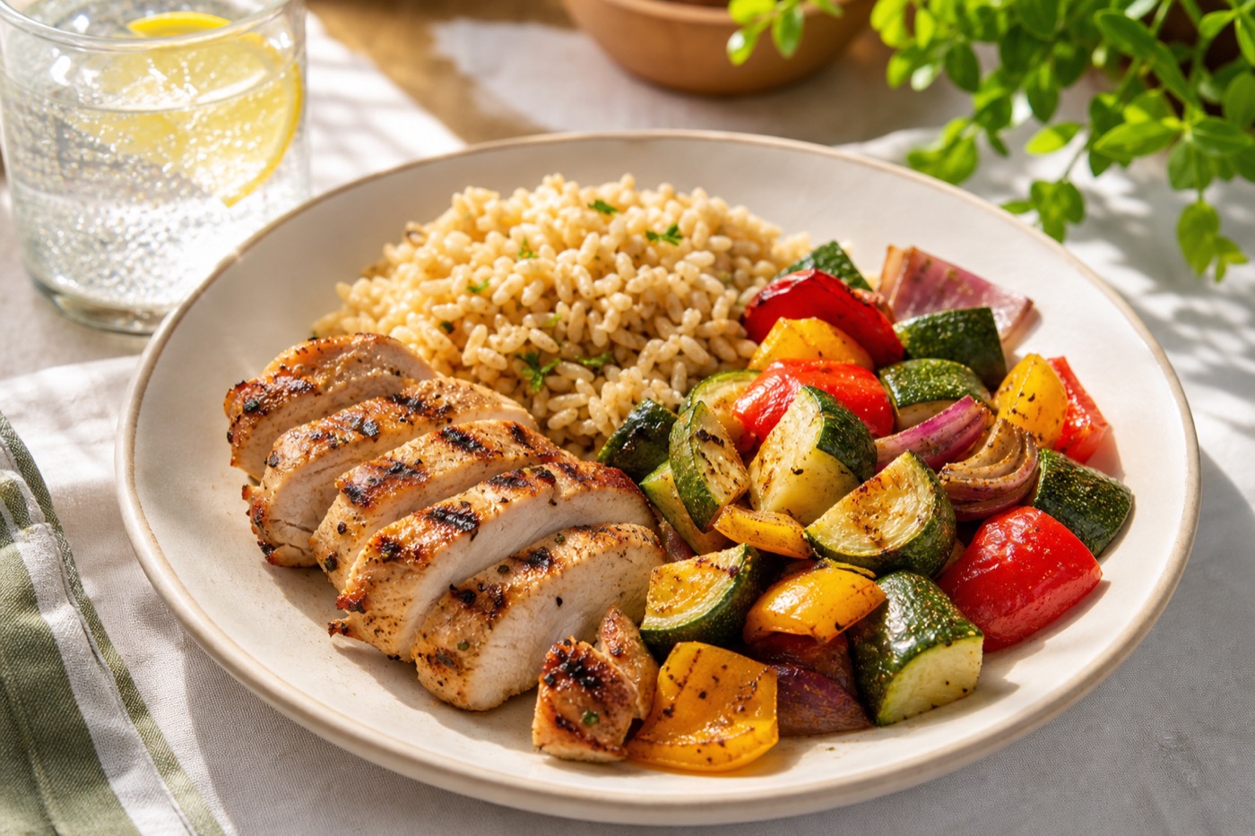 A dinner plate with grilled chicken, a large portion of roasted zucchini and peppers, and a scoop of brown rice, next to a glass of sparkling water with lemon