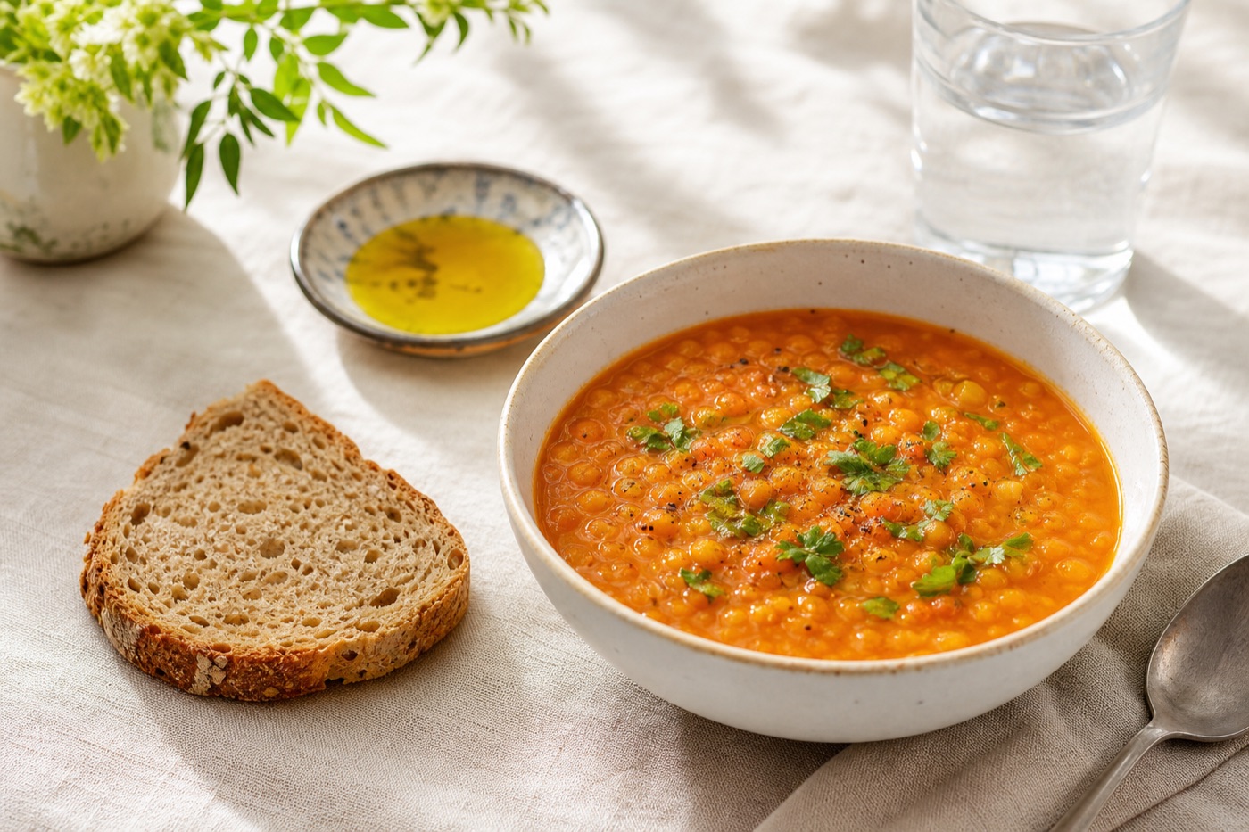 A bowl of red lentil soup beside a slice of whole-grain bread, a small dish of olive oil and a glass of water on a light linen tablecloth