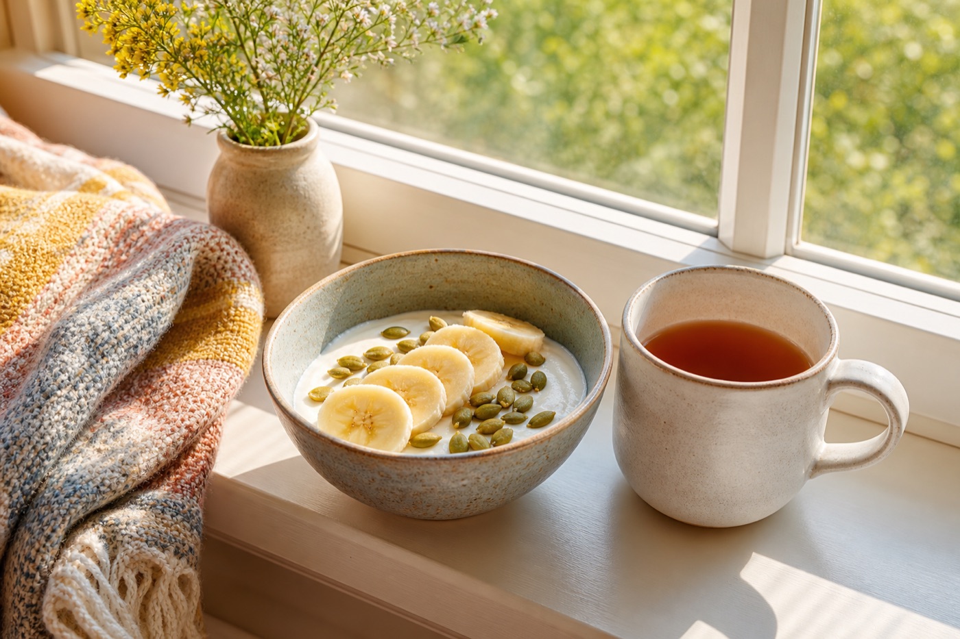A calm breakfast scene with a mug of tea, a bowl of Greek yogurt topped with sliced banana and pumpkin seeds, and a folded blanket on a sunlit windowsill