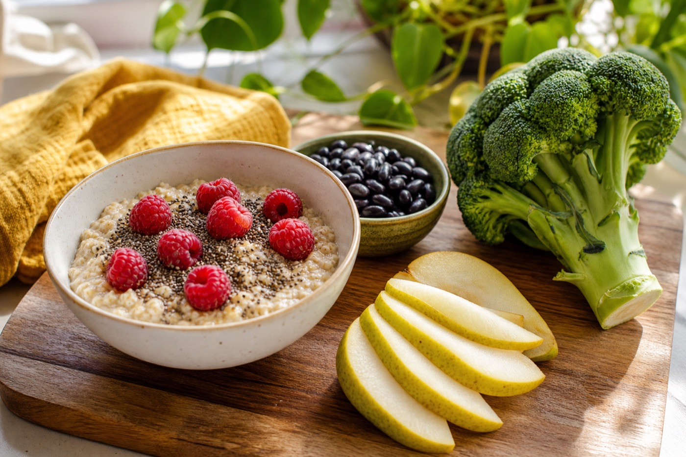 A bowl of oatmeal topped with raspberries and chia seeds next to a sliced pear, a small bowl of black beans and a head of broccoli on a wooden board