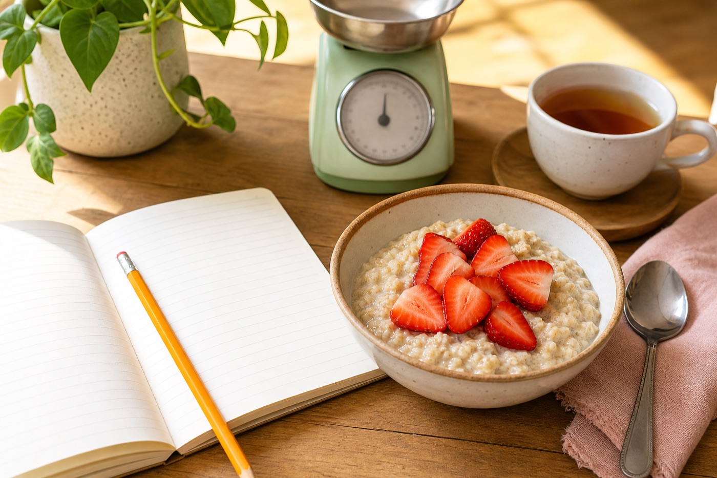 An open paper notebook and pencil beside a breakfast bowl of oatmeal with sliced strawberries, a small kitchen scale and a cup of tea on a wooden table