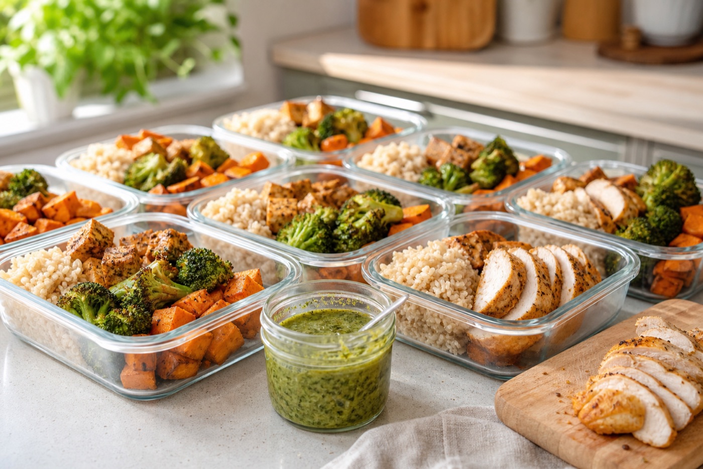 Rows of glass containers on a kitchen counter filled with brown rice, roasted broccoli and sweet potato, baked tofu cubes and sliced chicken, with a jar of green herb sauce