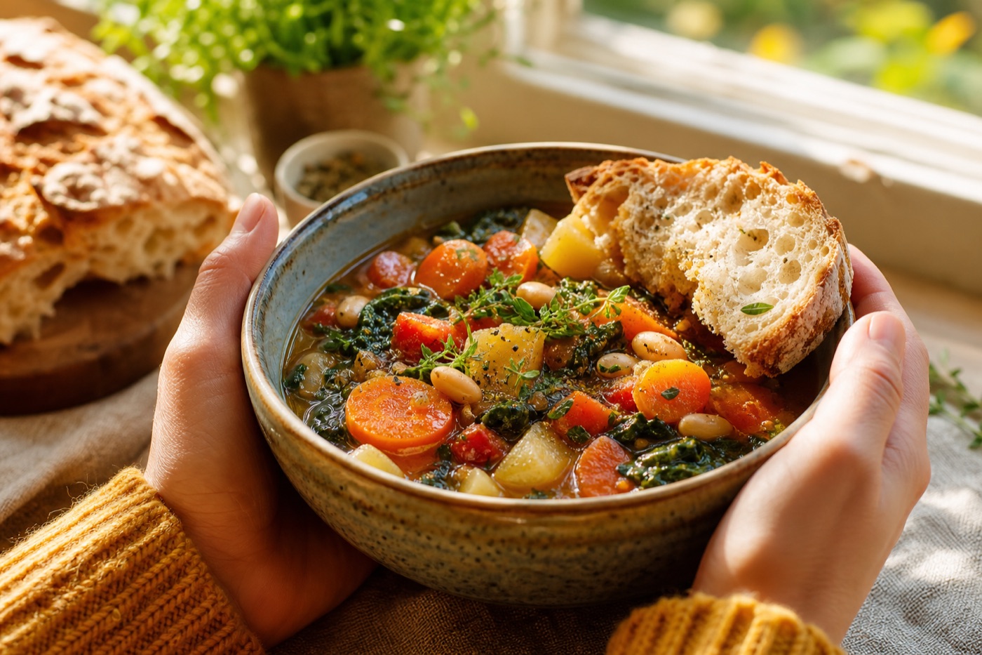 Close-up of a ceramic bowl of warm vegetable stew with crusty bread, held in two hands at a quiet kitchen table by a sunny window
