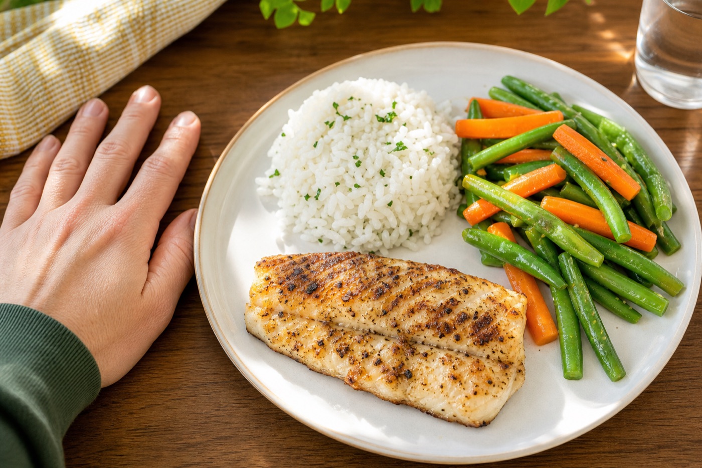 An open hand resting beside a dinner plate with a palm-sized grilled fish fillet, a fist-sized mound of rice and a generous pile of green beans and carrots