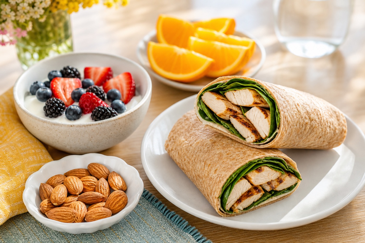 A lunch spread with a whole-wheat wrap filled with grilled chicken and spinach, a bowl of mixed berries with yogurt, a sliced orange and a small dish of unsalted almonds