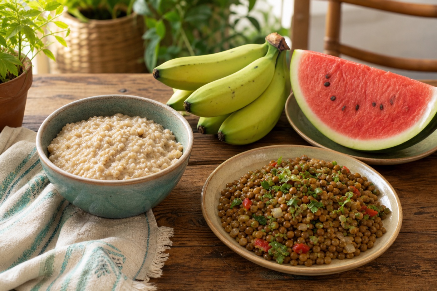 A rustic table with a bowl of steel-cut oatmeal, a plate of cooked lentils, slightly green bananas and a wedge of watermelon arranged side by side